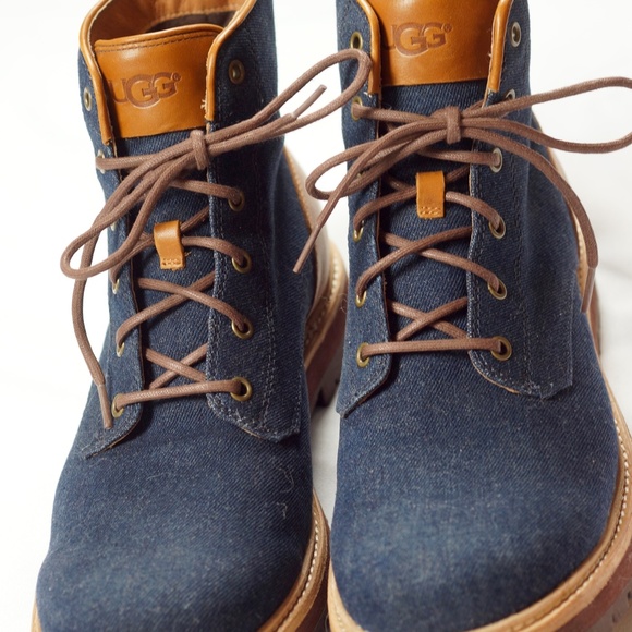 Men\'s UGG HUNTLEY Blue Denim Boots 11 Navy Leather 1004844 2 Sets Lace NEW BOX main image 13